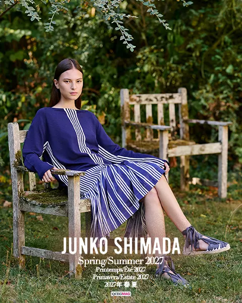 Editorial detail from Junko Shimada Spring/Summer 2027, inspired by Utagawa Hiroshige's woodblock prints.