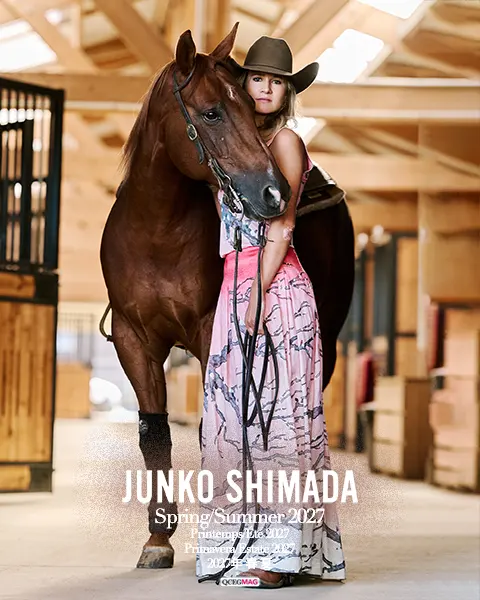 An editorial portrait highlighting the effortless femininity of Junko Shimada Spring/Summer 2027.