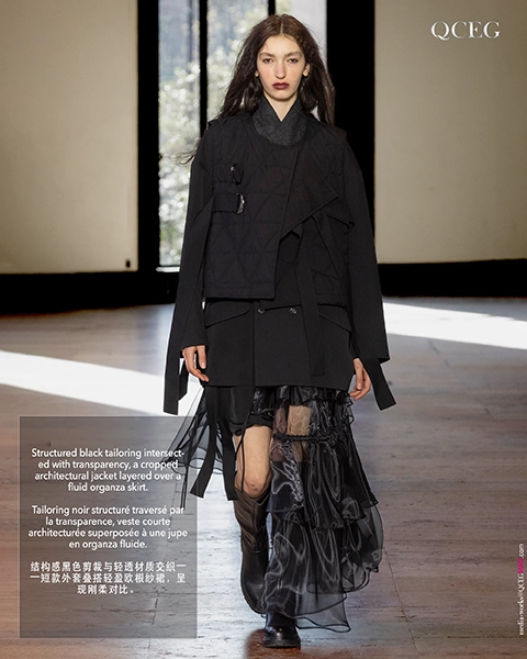 结构感黑色剪裁与轻透材质交织——短款外套叠搭轻盈欧根纱裙，呈现刚柔对比。