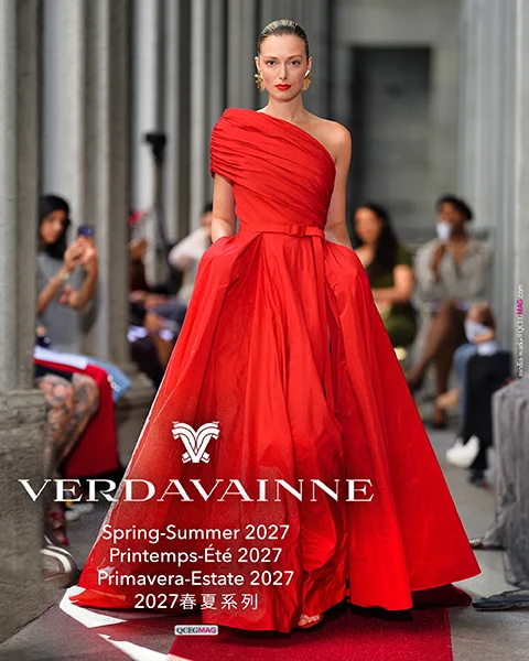 Red one-shouldered taffeta ballgown closing VERDAVAINNE SS27.