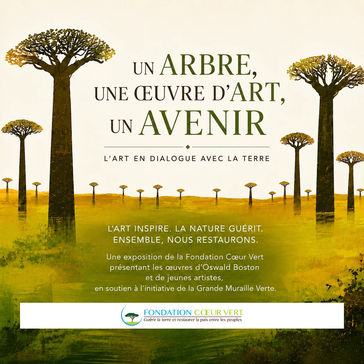 Un Arbre, une Œuvre d'Art, un Avenir : L'Art en Dialogue avec la Terre à la Galerie Area à Paris, réunissant la Fondation Cœur Vert, Oswald Boston et de jeunes artistes dans une exposition explorant l'écologie, la reforestation et la relation entre l'humanité et la nature.