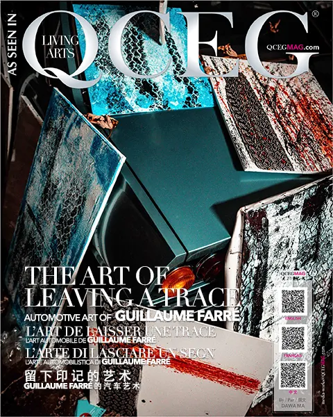 Editorial image of Guillaume Farré's tyre-impression artwork, created with the wheels of his Ferraris, as seen in QCEG MAG.