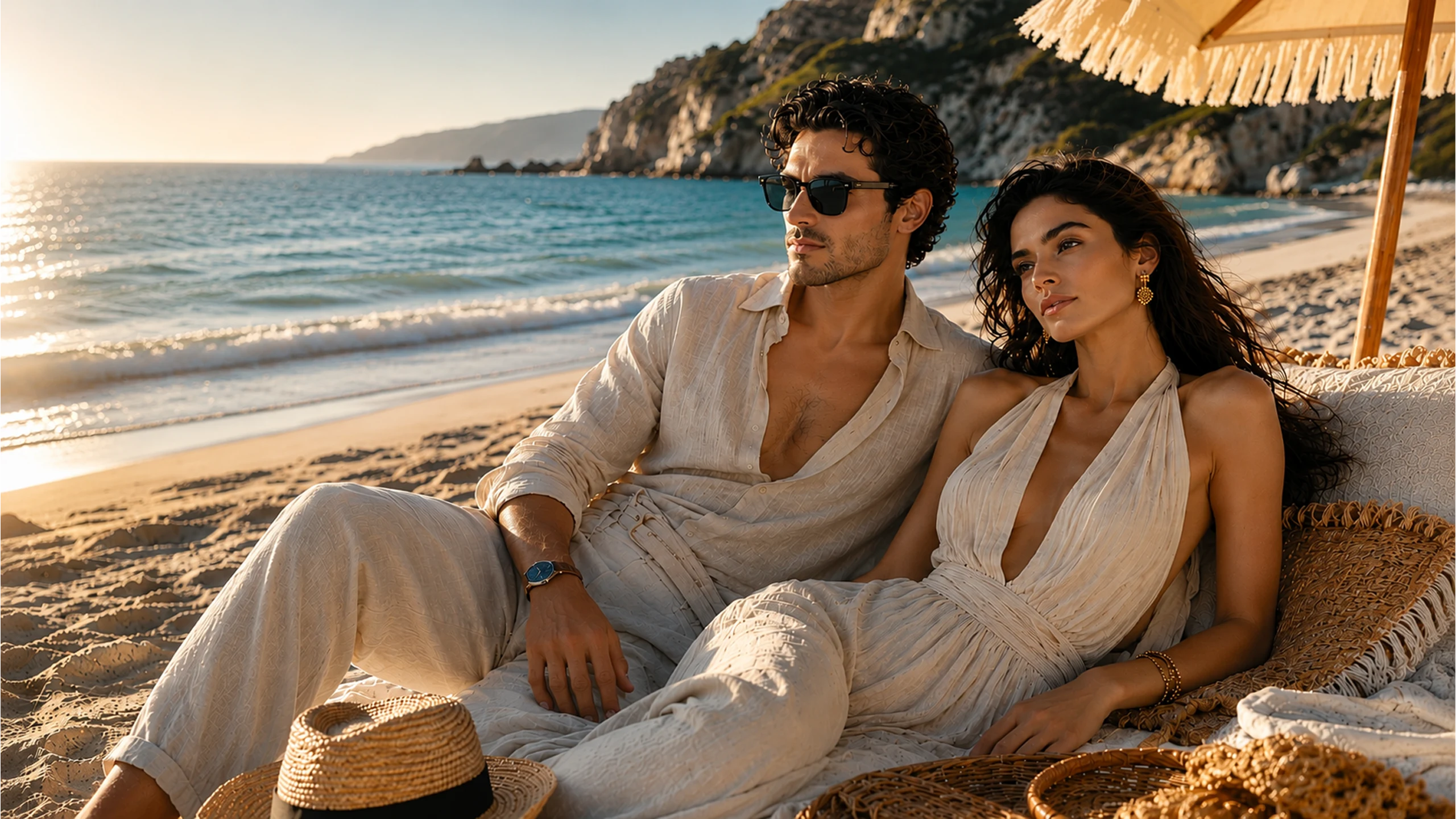 Couverture éditoriale illustrant un couple élégant profitant d'une luxueuse escapade estivale sur une plage au coucher du soleil.